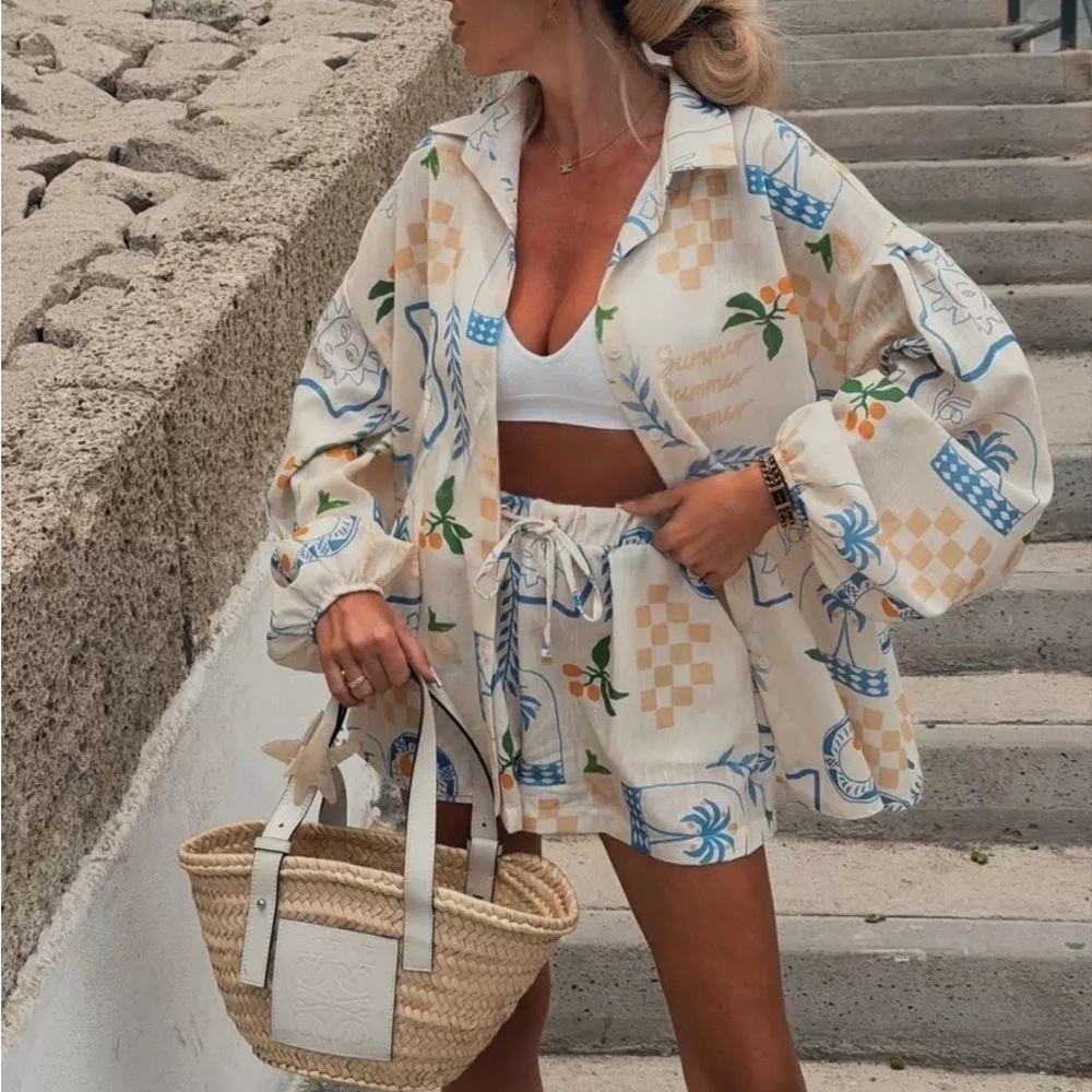 Zimmermann Casual Printed Two-Piece Romper Set - Cream Floral & Blue